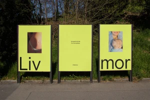 Three outdoor advertising billboards with bright yellow-green posters featuring photography and typography for CMedical brand identity.