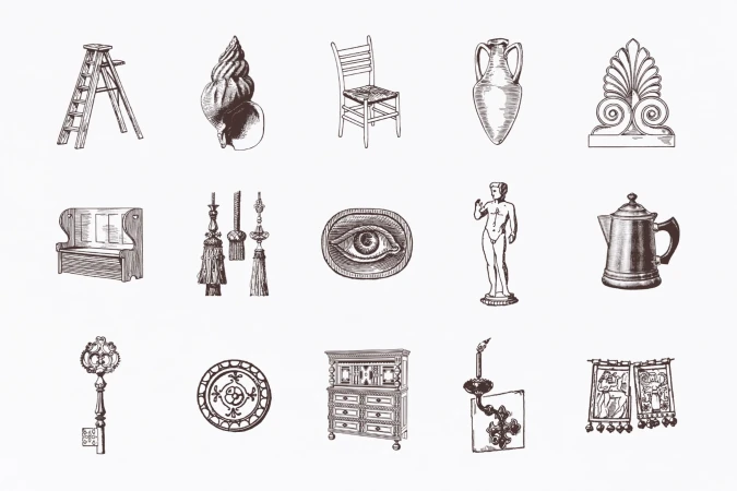Illustration of various household objects including furniture, tableware, and decor, rendered in a vintage, etched style on a white background.