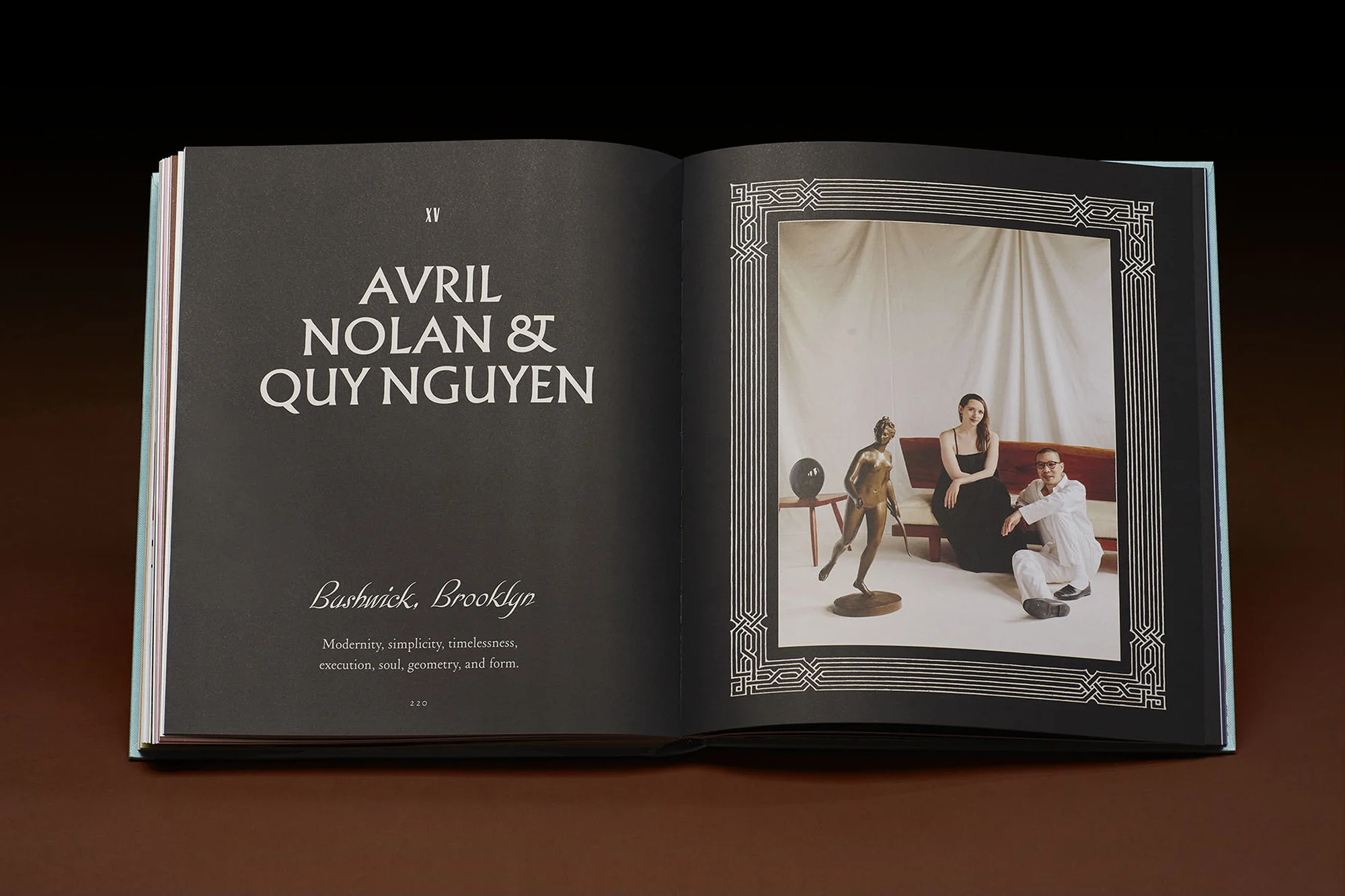 Book spread featuring a studio portrait of a woman and a man sitting on a bench alongside a bronze statue, against a cream backdrop.