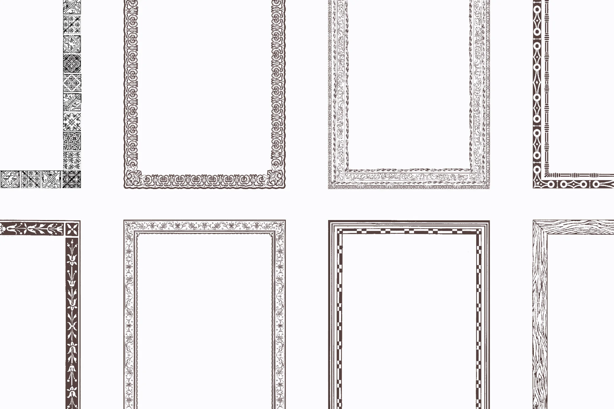 Eight ornate vintage vector frames with different designs, styles and brown and gray color isolated on a white background.