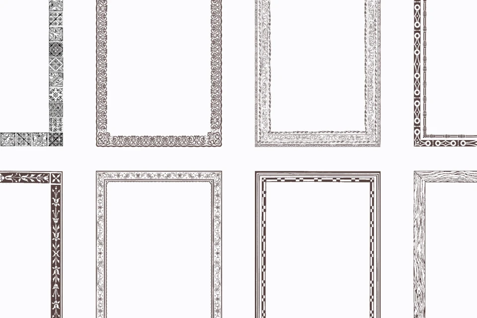 Eight ornate vintage vector frames with different designs, styles and brown and gray color isolated on a white background.