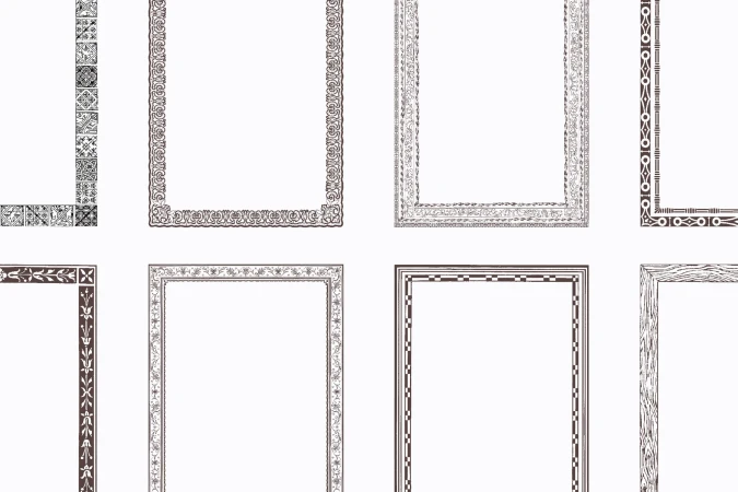 Eight ornate vintage vector frames with different designs, styles and brown and gray color isolated on a white background.