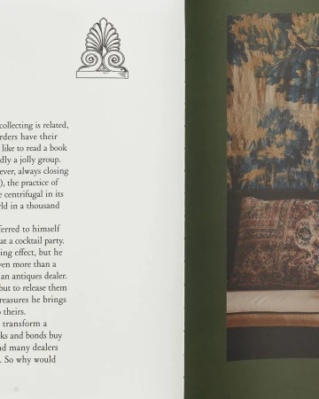 Image of an open book with decorative illustrations and text discussing collecting, along with a tapestry and pillow shown on the facing page.