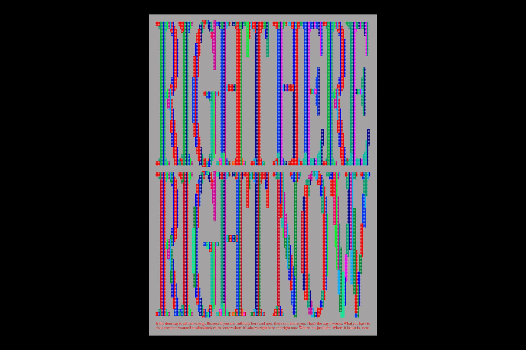 Abstract typography art featuring pixelated letters forming words, digitally rendered in red, green, blue and pink tones on a gray backdrop.