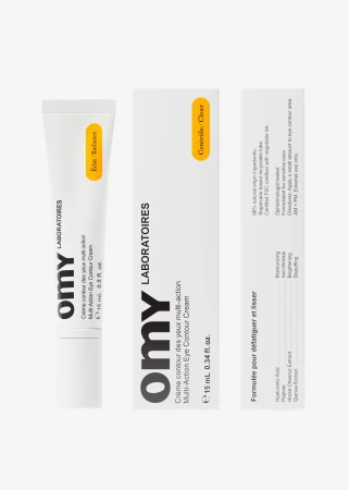 OMY Laboratoires multi-action eye contour cream tube and box on a white background for beauty and skincare product photography.
