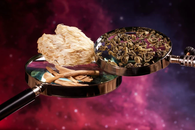 Still life of lion's mane mushroom, ganoderma sticks, and green tea leaves presented in magnifying glasses against a deep space backdrop.