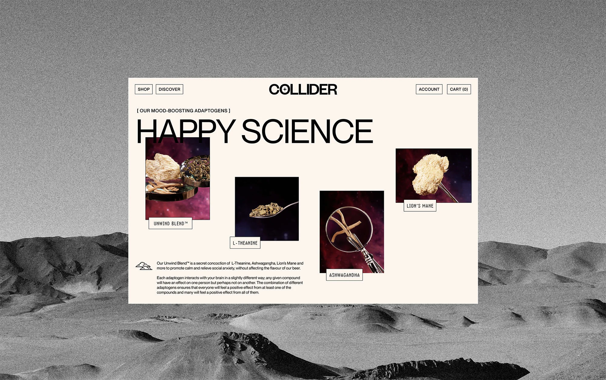 Product landing page featuring Collider adaptogens, including Unwind Blend, L-Theanine, Ashwagandha, and Lion's Mane, set against a desert landscape.