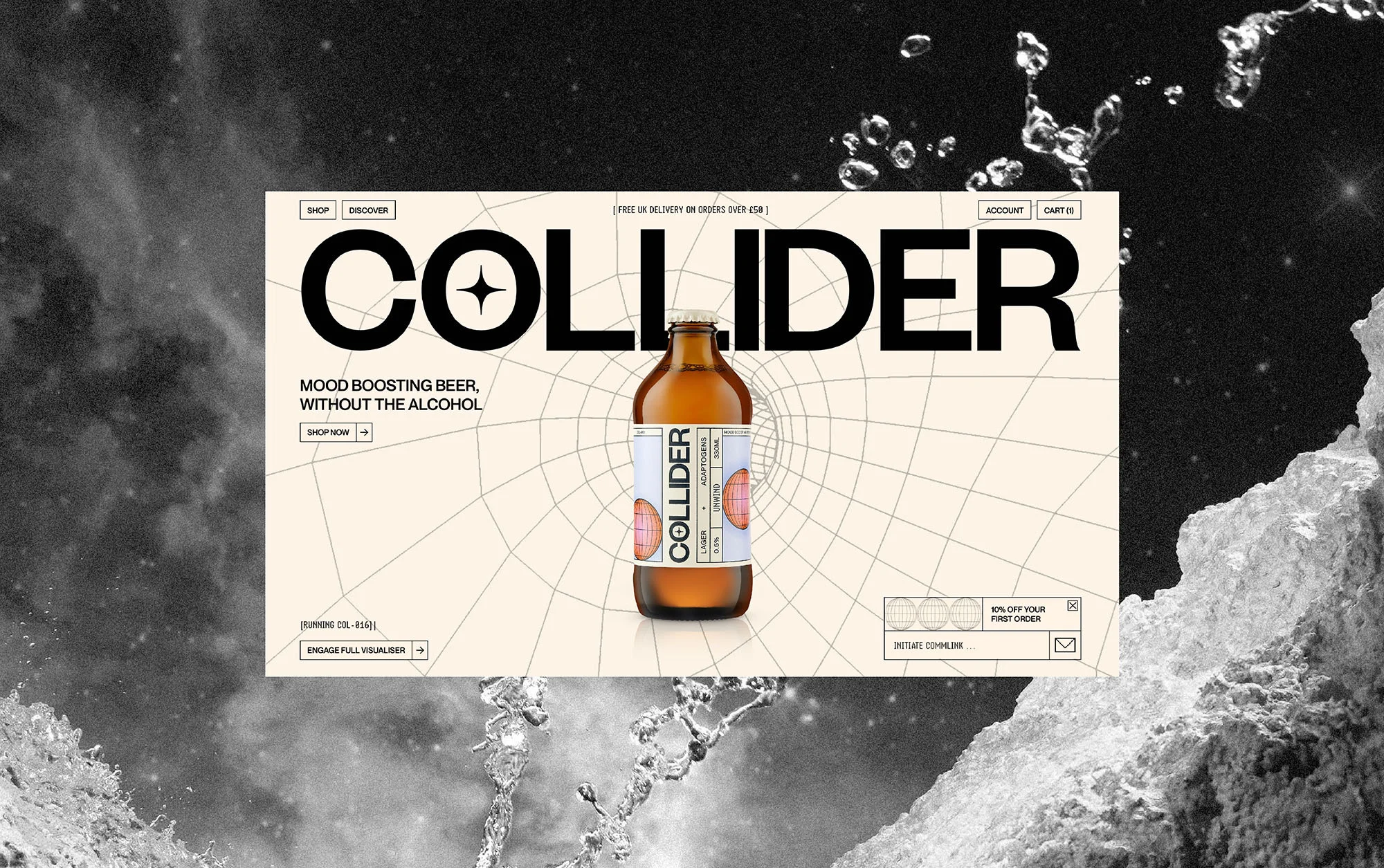 Product shot of Collider non-alcoholic beer bottle with geometric background, framed by a black and white textured border of water.