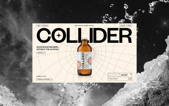 Product shot of Collider non-alcoholic beer bottle with geometric background, framed by a black and white textured border of water.