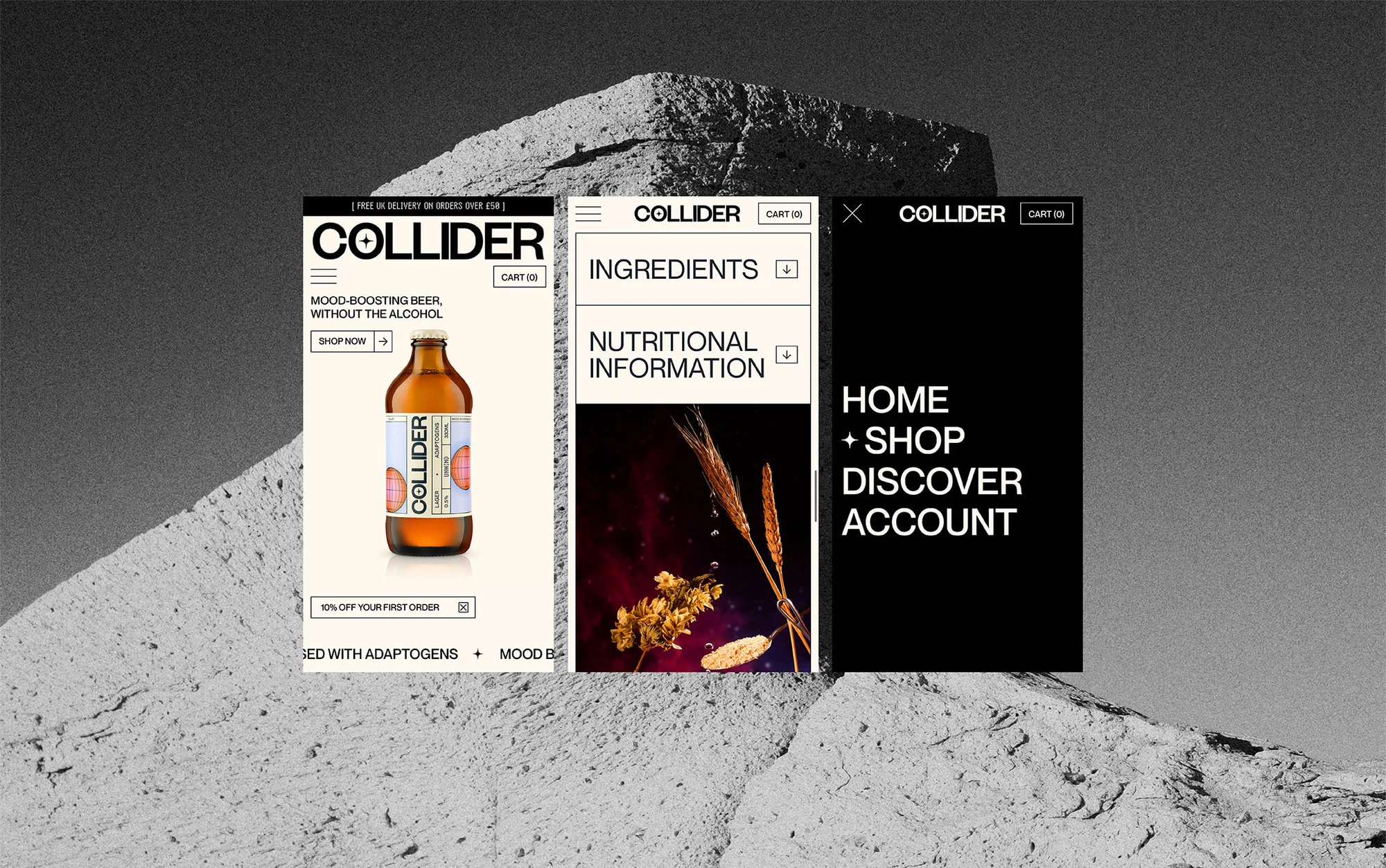 Mockups of Collider website pages featuring a bottle, ingredients, and account info on a mountain backdrop with a black and white colour scheme.