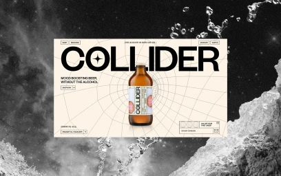 Collider beer bottle centered on a retro-futuristic web interface framed by cosmic water splashes