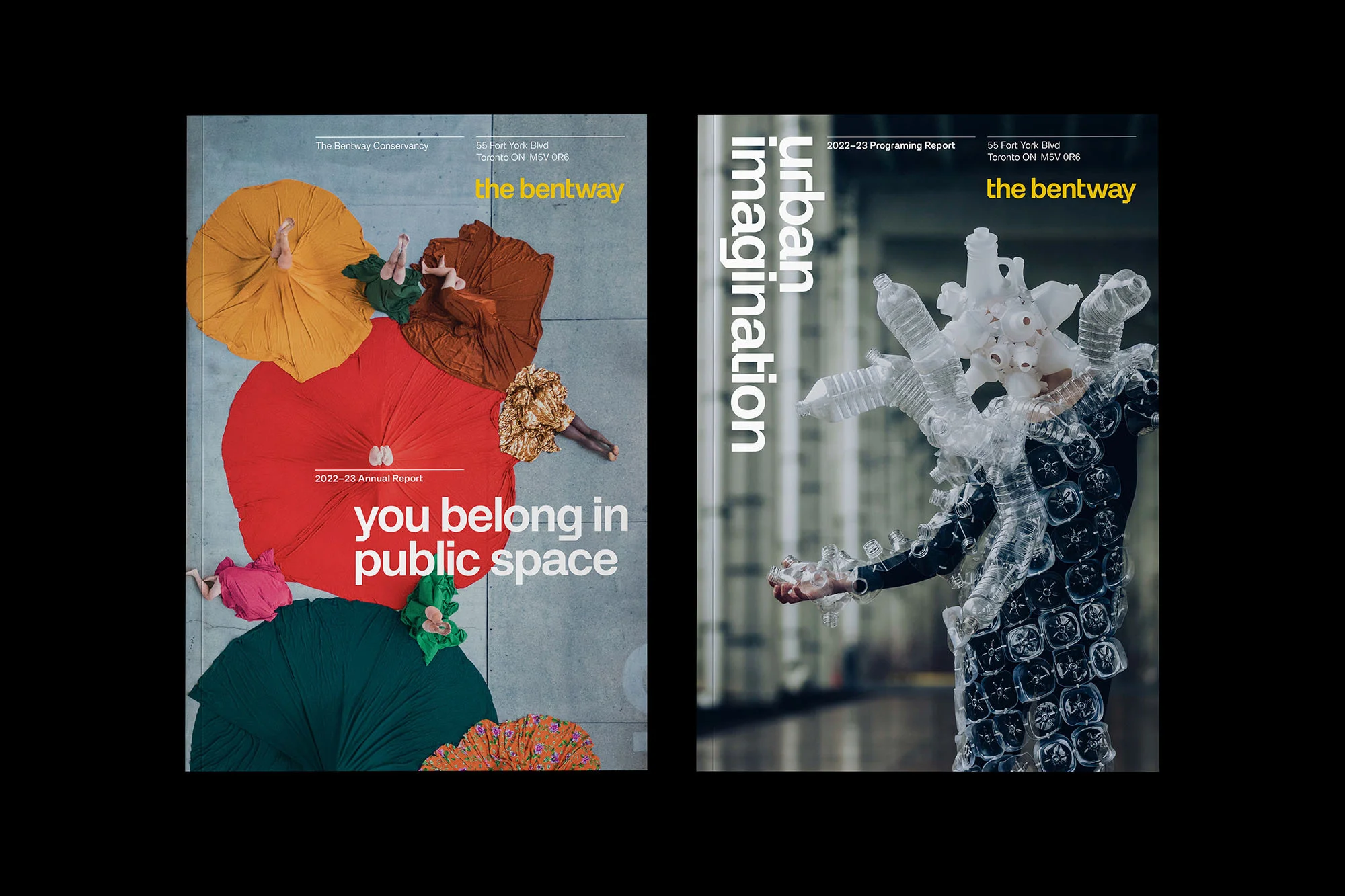 Two magazine covers for The Bentway Conservancy, Toronto. Colorful dresses and water bottles featured on the covers.