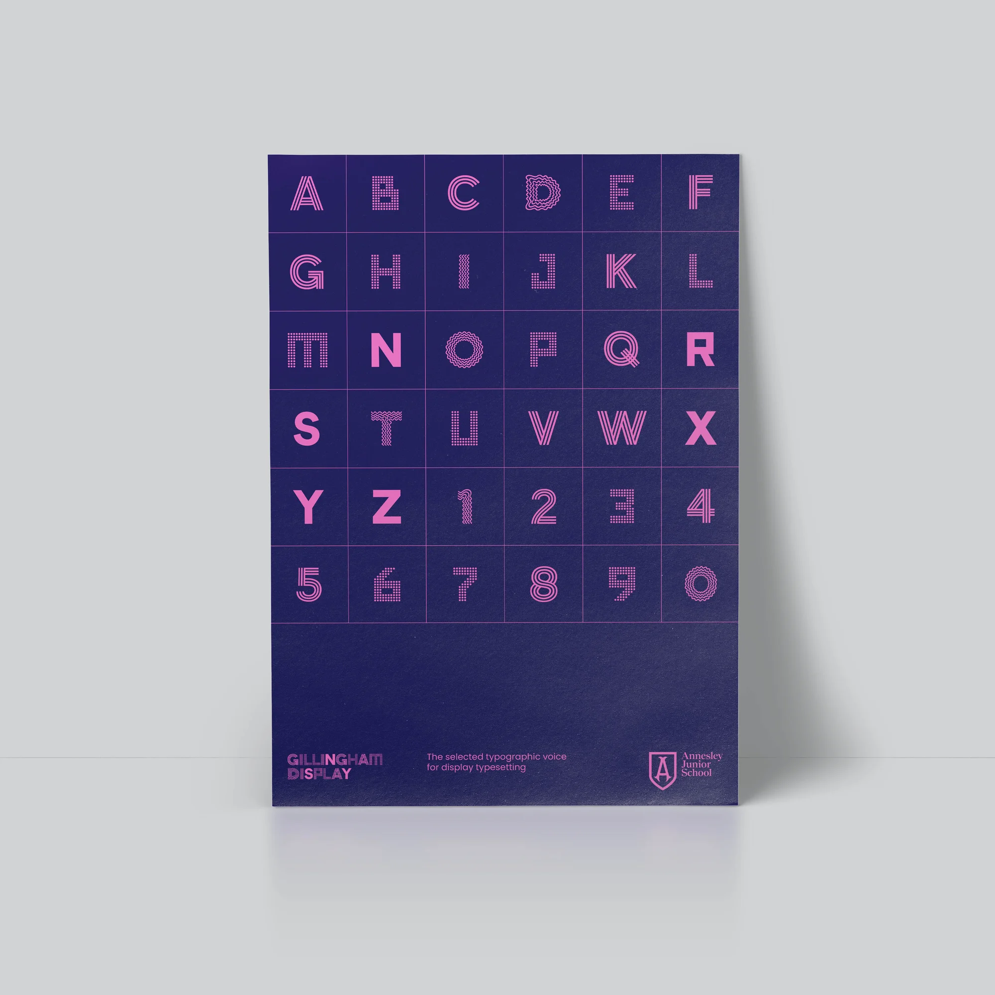Graphic design poster featuring a letter grid in dark blue and pink, showcasing the 'Gillingham Display' typeface with geometric lines.