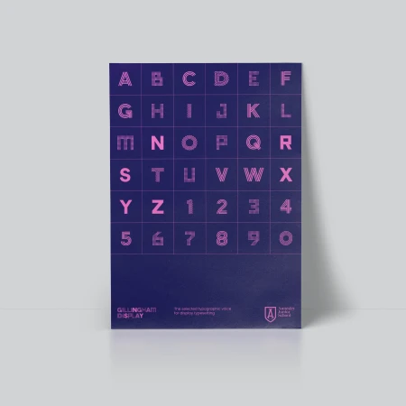 Graphic design poster featuring a letter grid in dark blue and pink, showcasing the 'Gillingham Display' typeface with geometric lines.