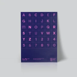 A dark purple poster displaying a complete set of pink uppercase letters and numbers in a grid layout on a light grey surface.