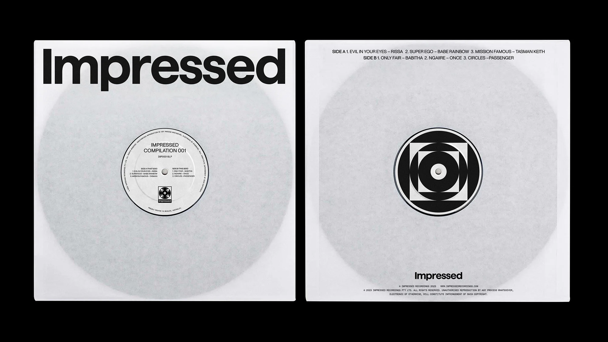 Two vinyl record covers for Impressed Compilation 001, featuring minimalist black and white designs and track listings against a black background.