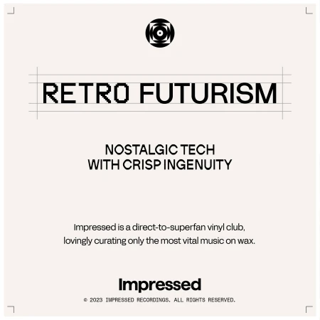Retro futurism text art graphic with the words 'Nostalgic Tech with Crisp Ingenuity', advertising Imprinted recordings.