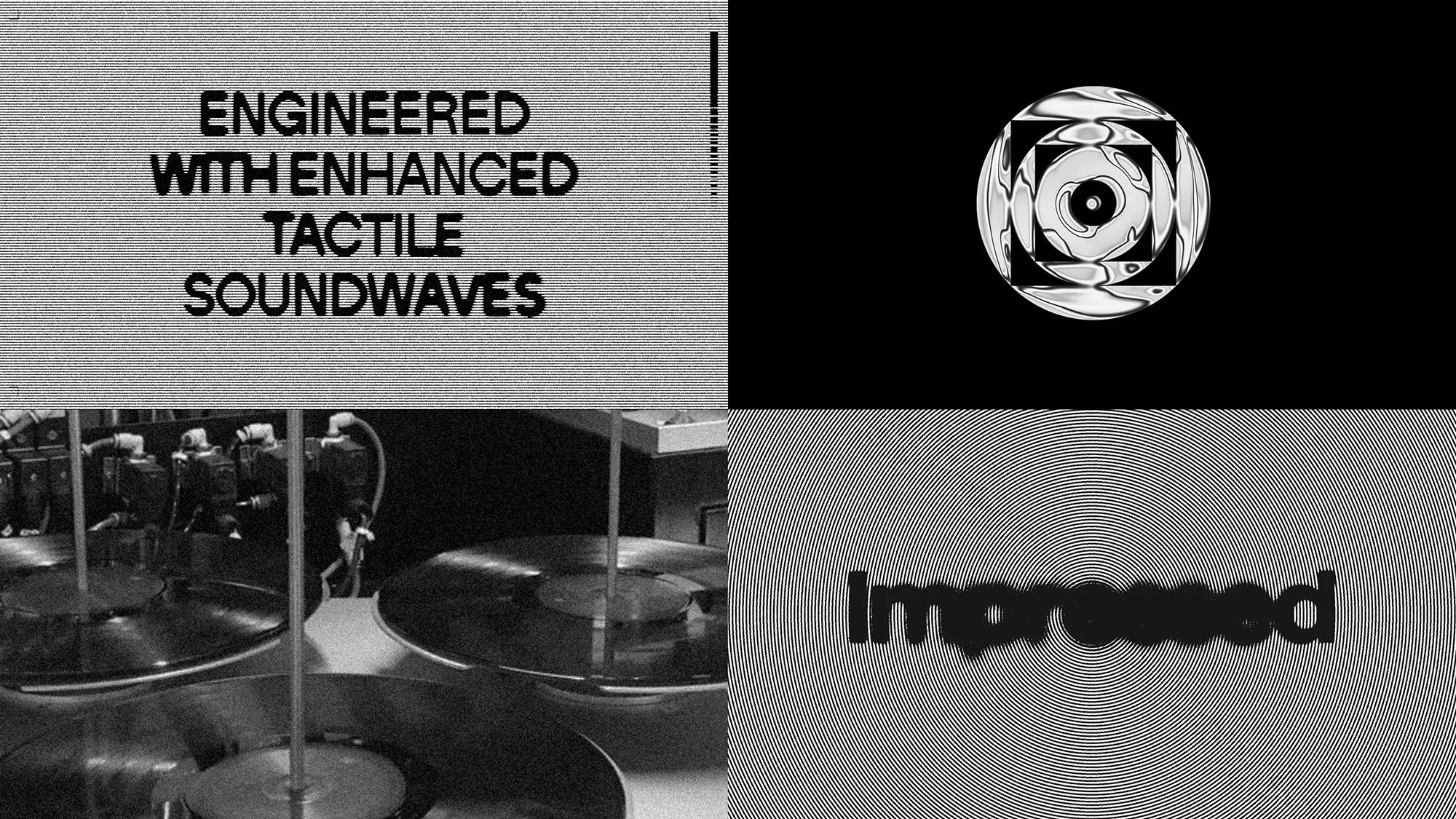 Abstract collage in black and white featuring vinyl records, geometric shapes, and typography with a tactile soundwave theme.