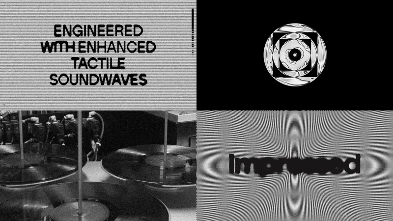Abstract collage in black and white featuring vinyl records, geometric shapes, and typography with a tactile soundwave theme.