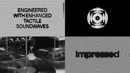 Four-panel graphic layout featuring monochrome text, abstract circular 3D renders, vinyl records, and concentric wave patterns for Impressed brand identity