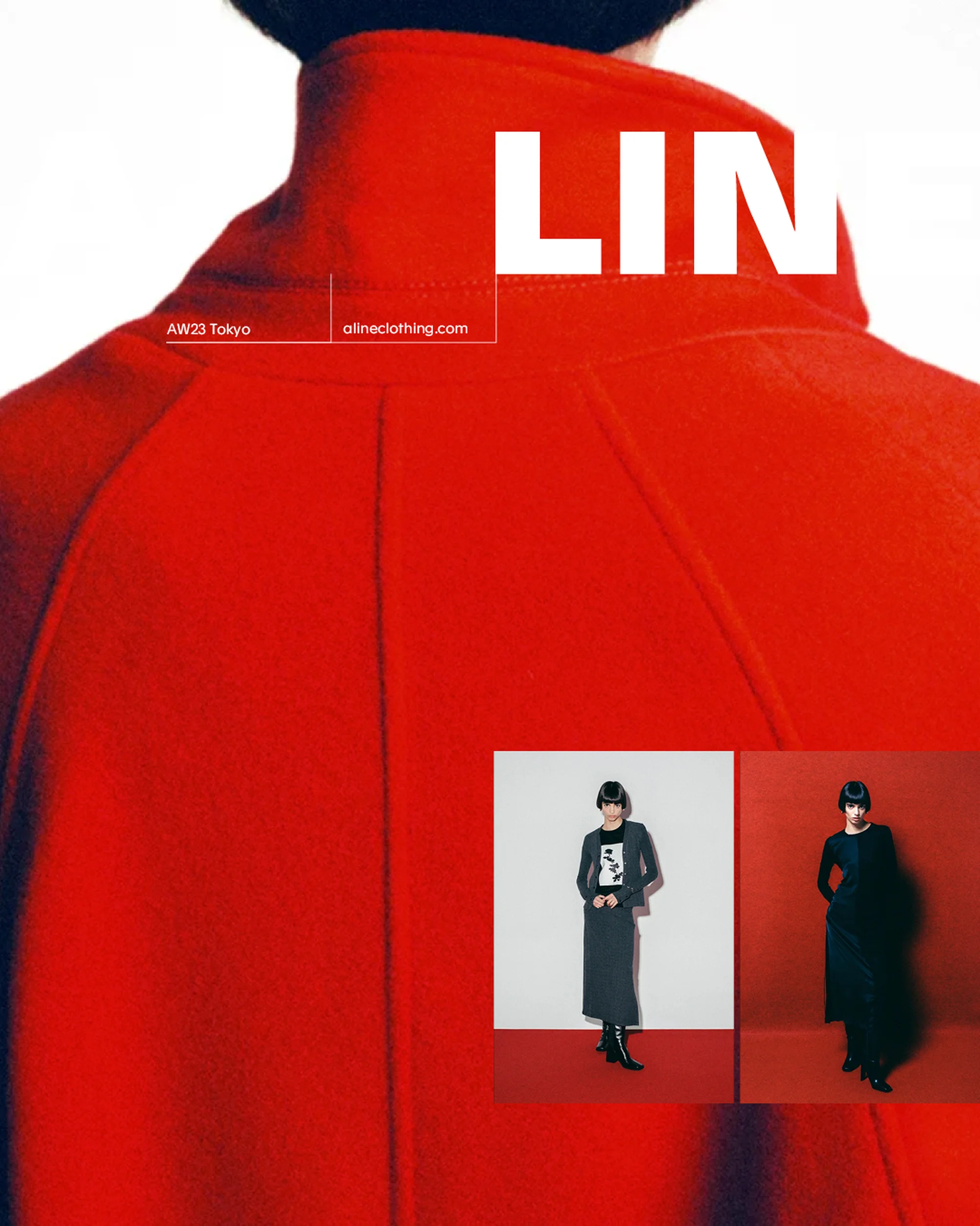 Fashion editorial features the back of a red coat, overlayed with text. Inset images show a fashion model in a long skirt and top.