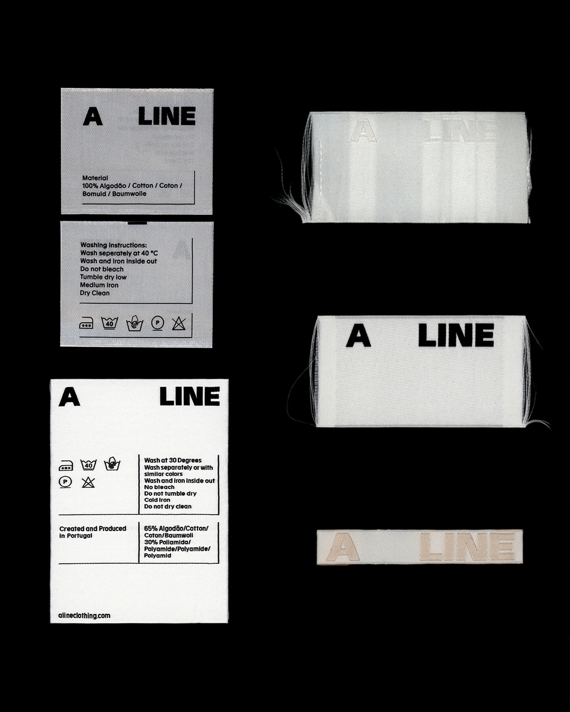Clothing labels showcase brand 'A LINE' with material and washing instructions, against a black background in a studio setting.