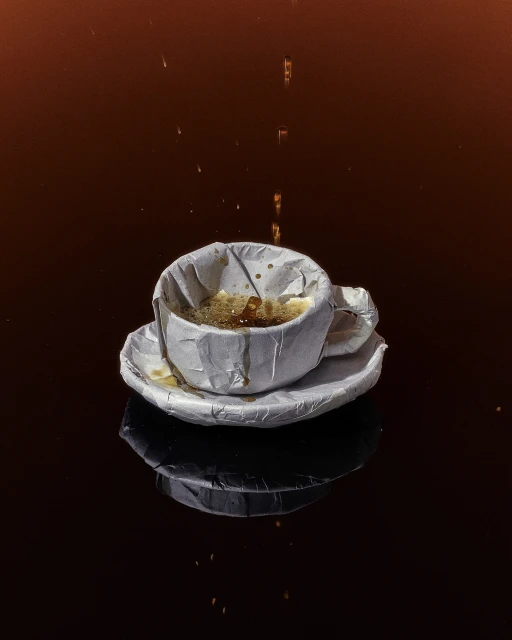 Paper cup and saucer on a black surface with coffee pouring into the cup against a red background, creating a unique visual.