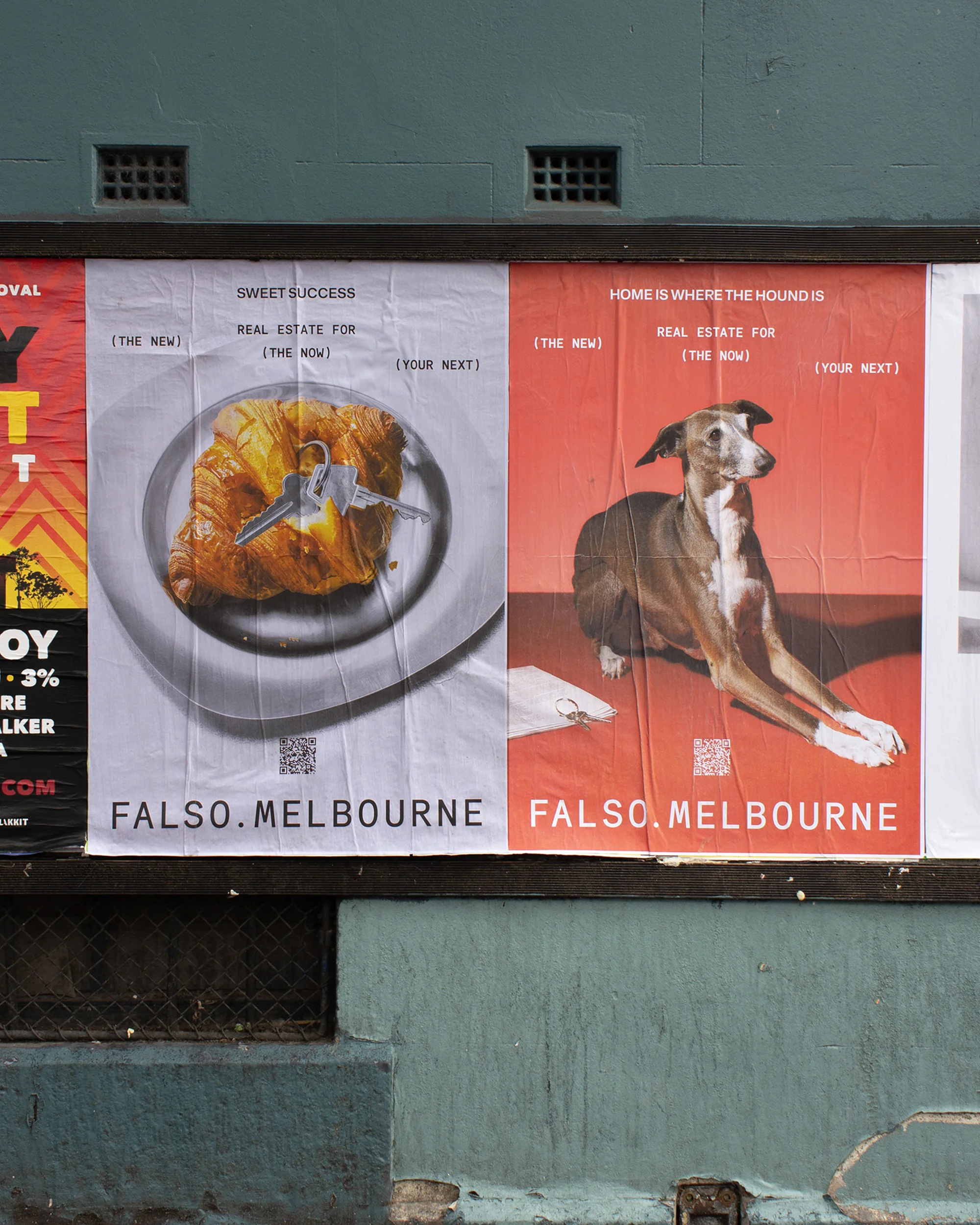 Two posters on a weathered wall: One features a croissant with keys, the other features a dog on a reddish background.