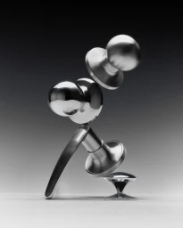 Stacked polished chrome doorknobs and levers balanced precariously against a dark fading gradient studio backdrop.