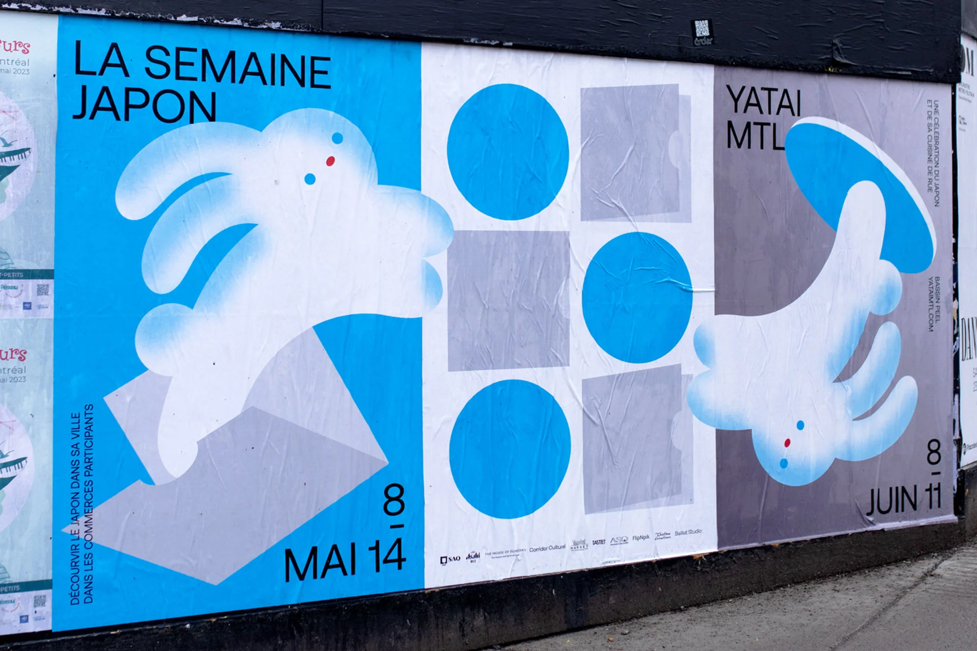 Promotional posters for La Semaine du Japon and Yatai MTL featuring blue and white graphic designs of rabbits and hands.