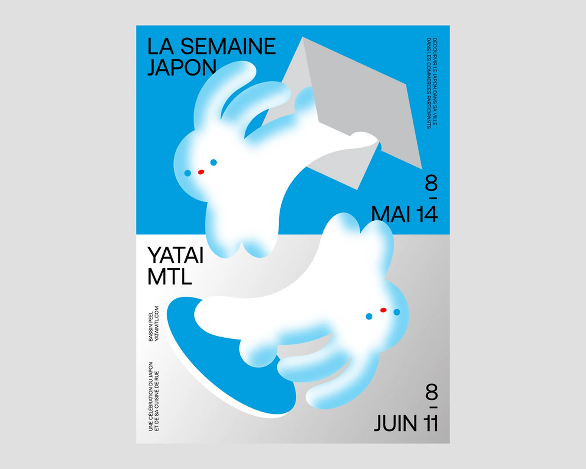 Graphic art poster advertising La Semaine Japon in Montreal, Quebec. Features cartoon rabbit art, geometric shapes, and event dates.