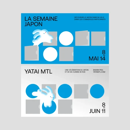 Graphic poster design with illustration of rabbit for Japan-themed week, featuring overlapping circles, squares, and blue and white color scheme.