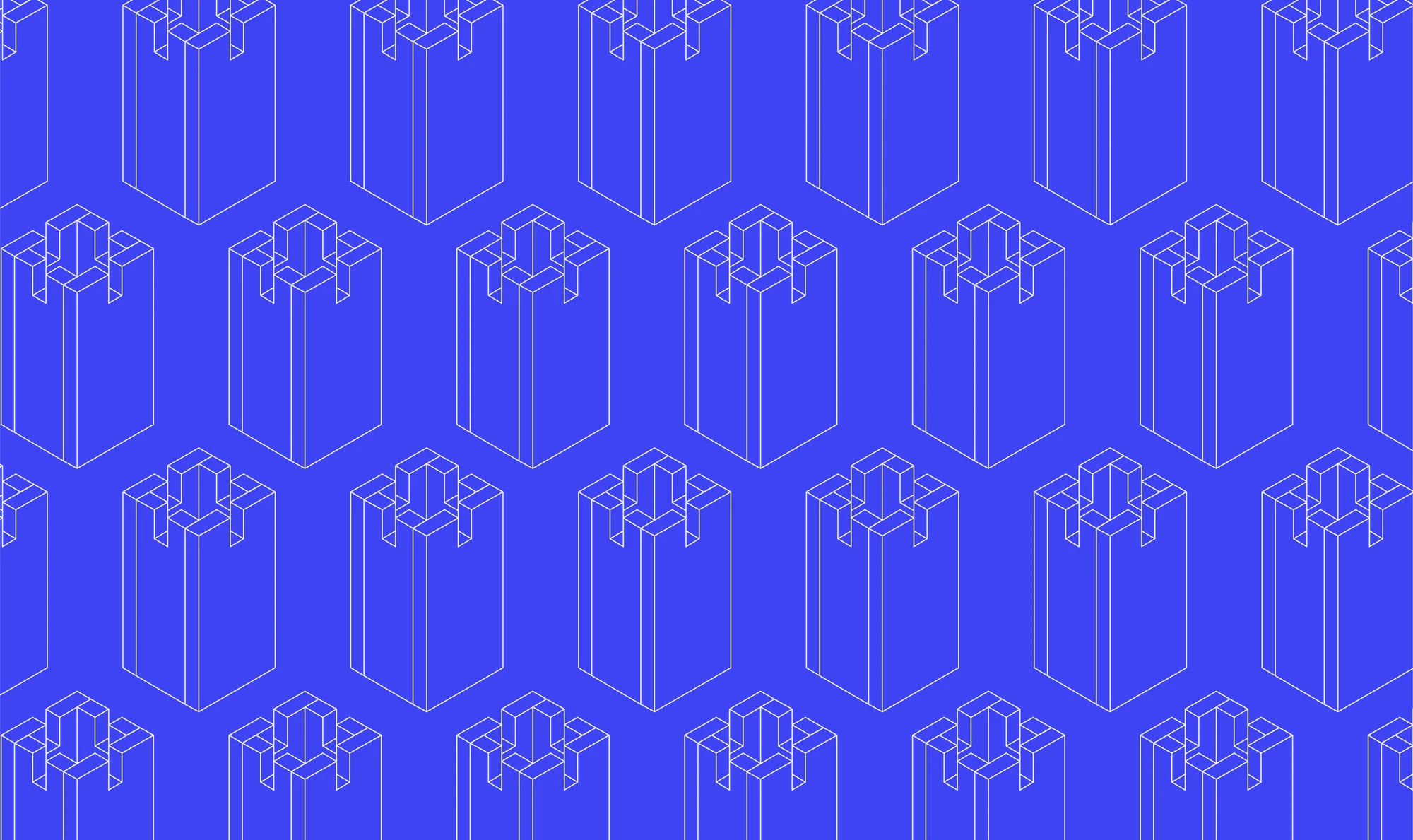 Isometric vector pattern of stacked block structures on a vibrant blue background, creating a geometric and visually engaging repeat.