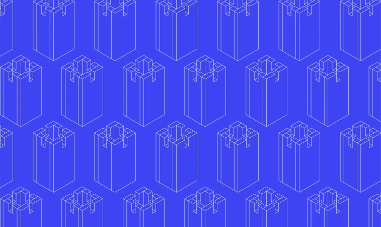 Isometric vector pattern of stacked block structures on a vibrant blue background, creating a geometric and visually engaging repeat.