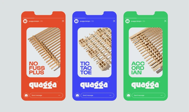 Three smartphone screens display interior design products by Quagga, shown in red, blue, and green app interfaces on a gray background.