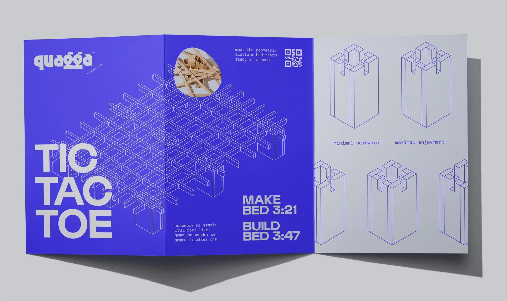 Promotional image features a blue and white leaflet with geometric designs and brand 'Quagga,' advertising bed frames with assembly times.