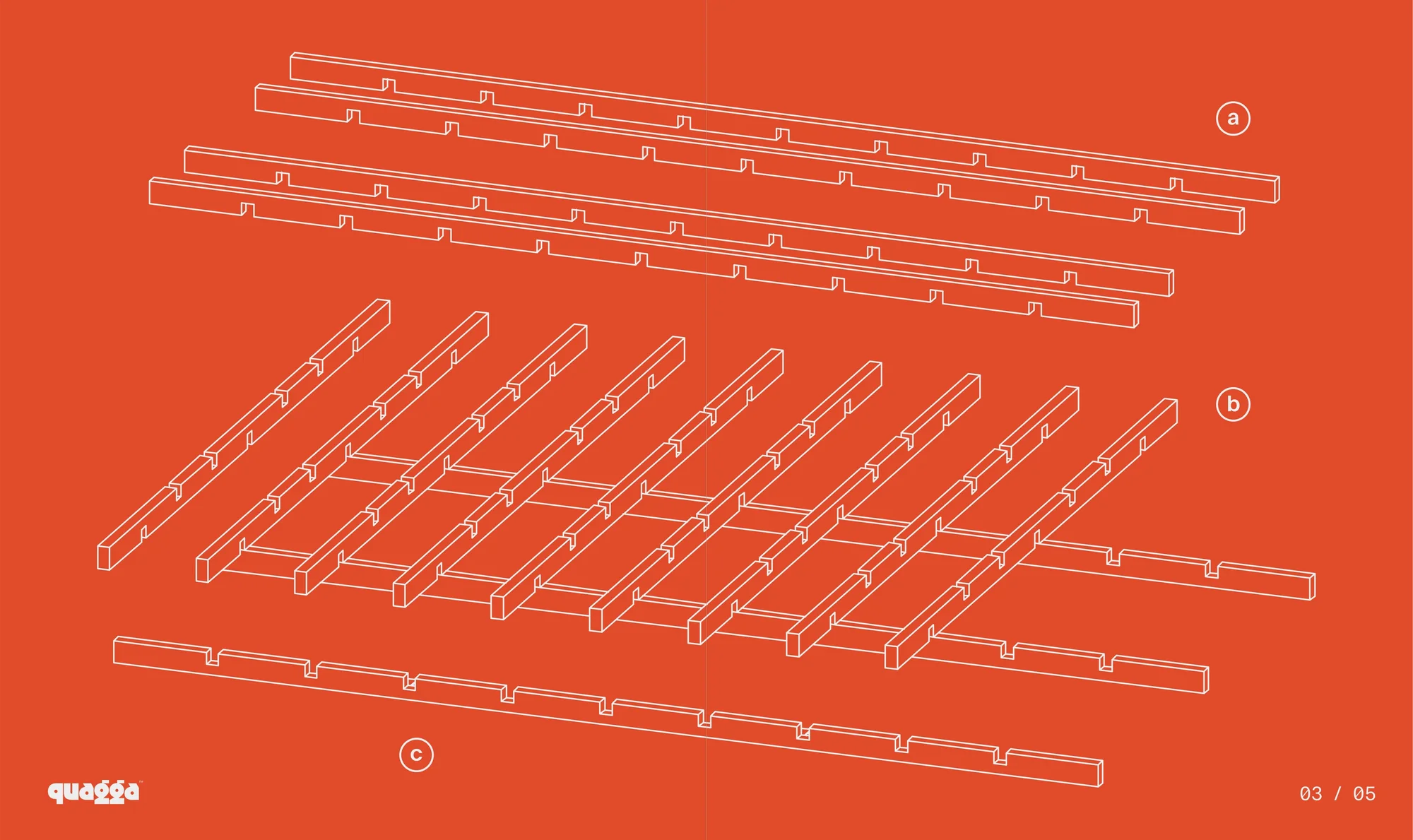 Assembly diagram with interlocking components on an orange background. Illustration of building blocks for furniture or structural design.
