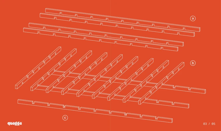 Assembly diagram with interlocking components on an orange background. Illustration of building blocks for furniture or structural design.