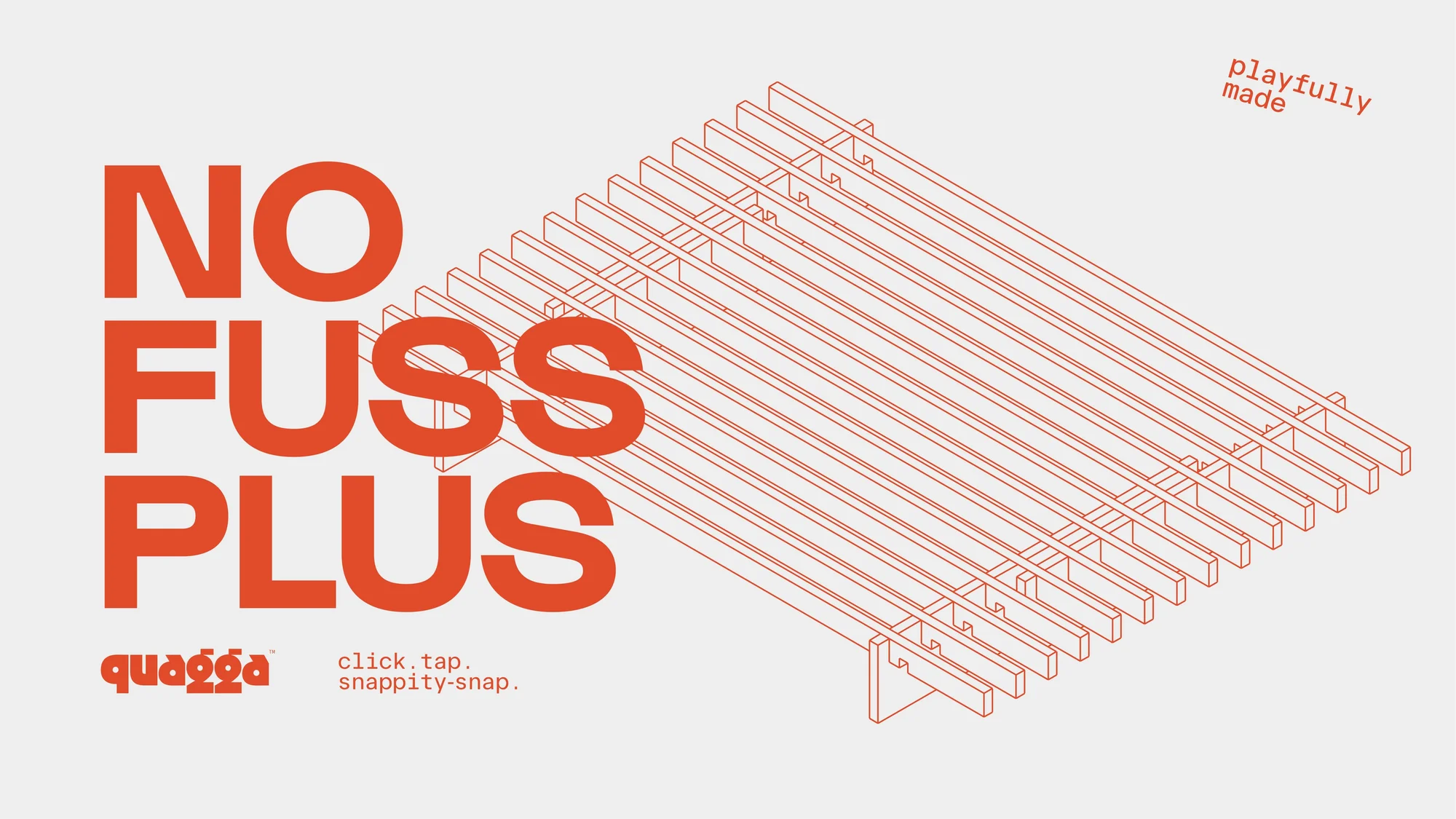 Illustration of 'No Fuss Plus' product, featuring a geometric design in red-orange against a pale background with brand and descriptive text.
