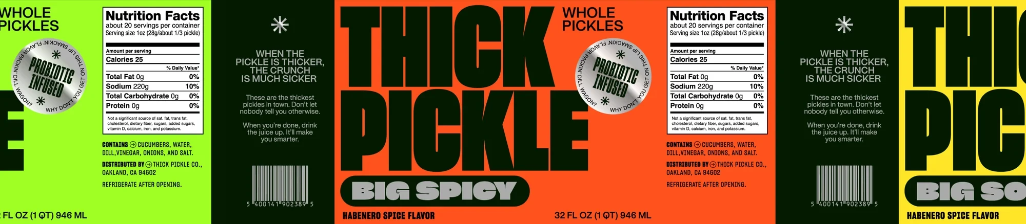 Three jars of thick pickles with various flavor labels, nutrition facts, and a probiotic infused badge are arranged side by side.