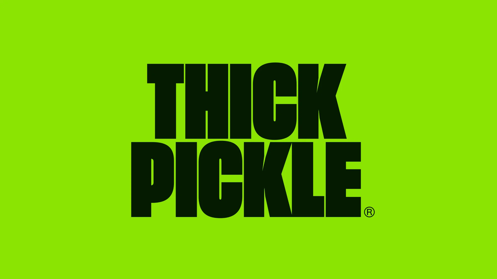 Bold, sans-serif 'THICK PICKLE' text in dark green against a bright green background, creating a striking contrast and modern design.