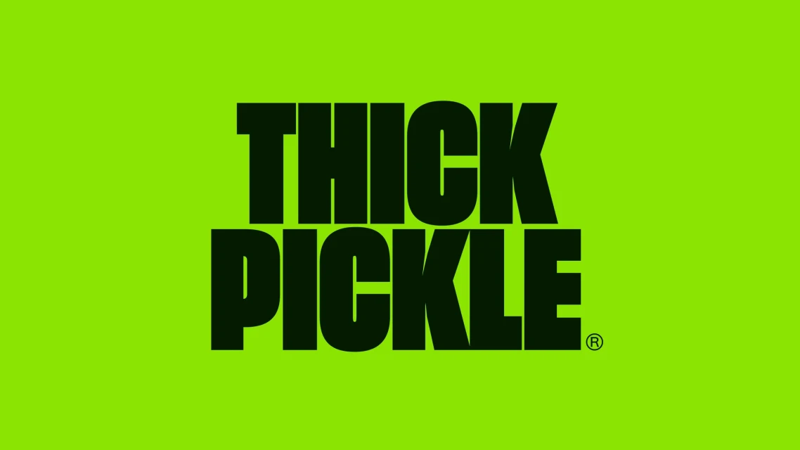 Bold, sans-serif 'THICK PICKLE' text in dark green against a bright green background, creating a striking contrast and modern design.