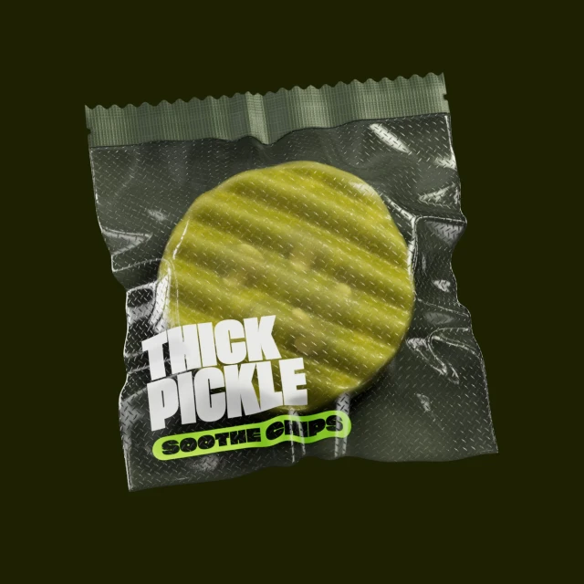Single round pickle chip inside clear wrapper with text on a dark green background in studio light. Food packaging for pickle chips.