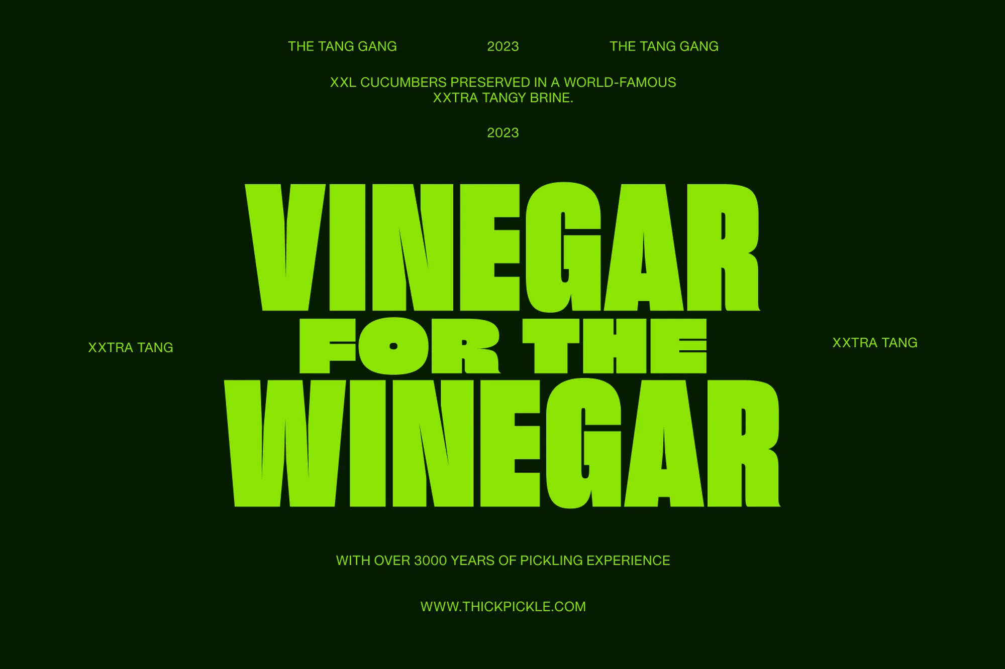 Bold graphic ad featuring stacked bright green text “Vinegar For The Winegar” against a dark green background, with Tang Gang branding.