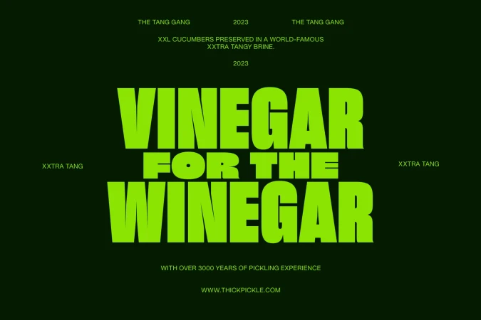 Bold graphic ad featuring stacked bright green text “Vinegar For The Winegar” against a dark green background, with Tang Gang branding.