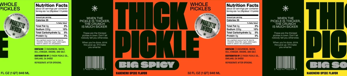Product packaging label design for Thick Pickle featuring bold typography and bright color blocks in green, orange, and yellow.