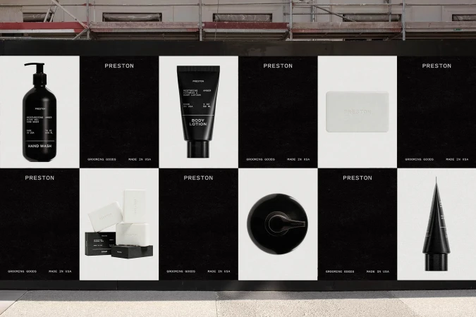 Black and white product photography featuring Preston brand hand wash, body lotion, and soap arranged on a tile wall.