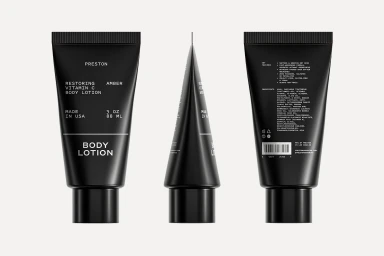 Three views of a black body lotion tube featuring white typographic product details against a plain light background