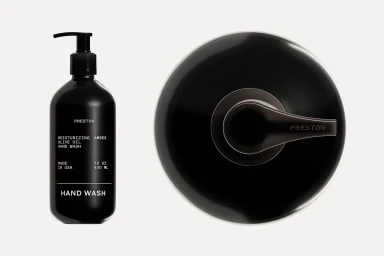 Two views of a black soap dispenser for Preston brand identity, shown from the front and from directly above.