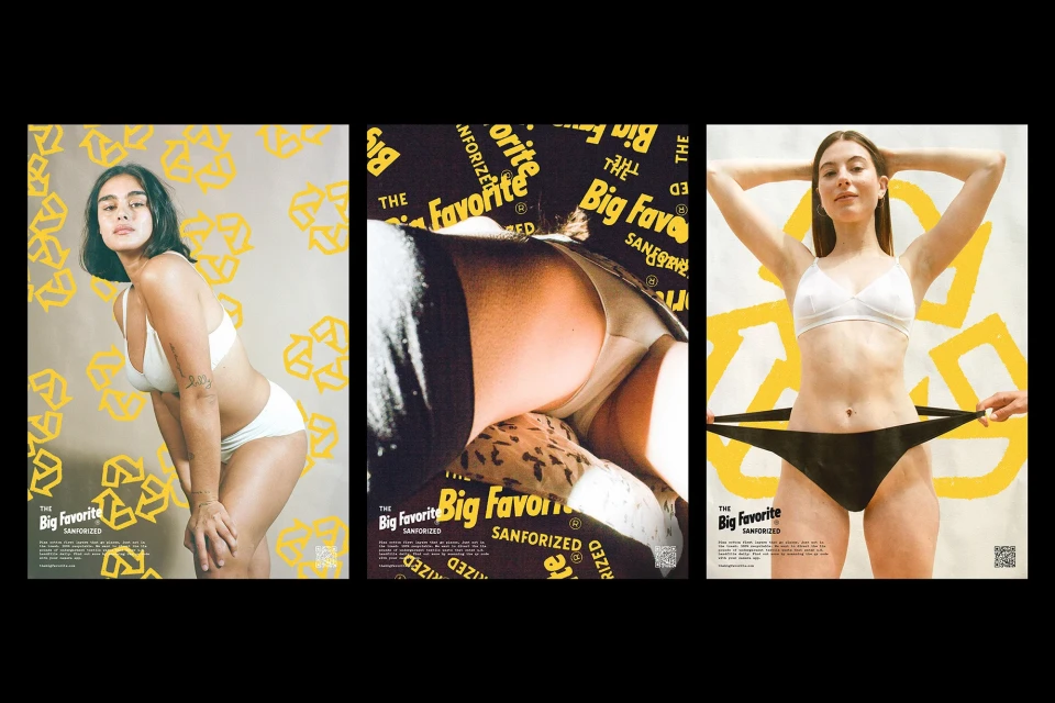 Three advertisements show a female model in underwear, emphasizing body positivity and sustainable fashion with recycle symbol backgrounds.